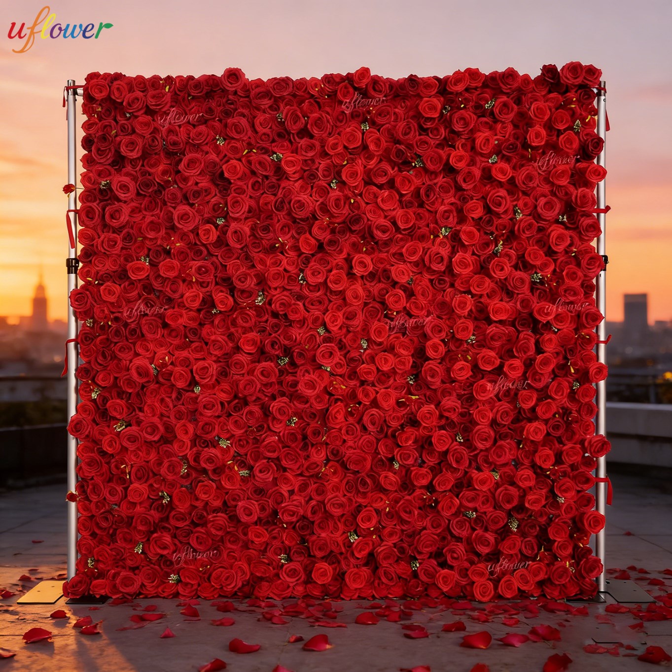 Wedding Backdrop Curtain - Uflower レッドローズ 造花ウォール バーガンディ生地 ロールアップ式 フラワーウォール