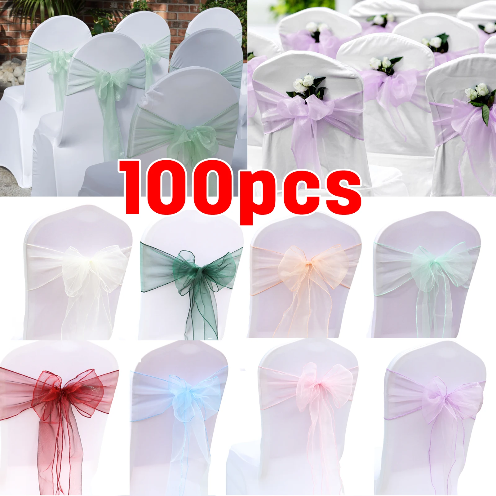 Chair Sash Organza - 椅子用オーガンザノットバンド,椅子ベルト,イベントデコレーション,オーガンザボウ,パーティー宴会,17x275cm, 10個,50個,100個