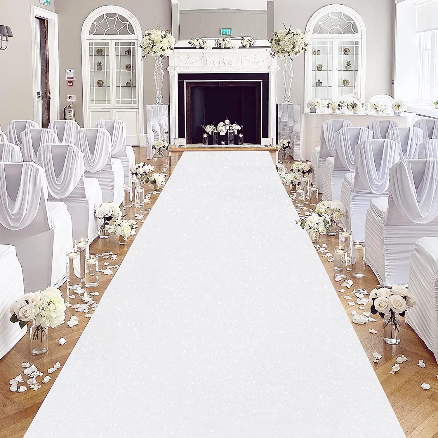 Aisle Runner White - ロマンチックな白いウェディングカーペット、結婚式中の花嫁の滑走路の装飾用のきらめく白い不織布カーペット