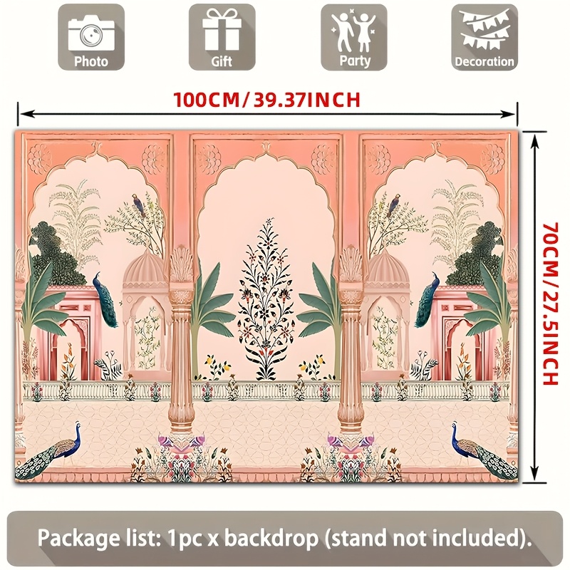 Wedding Backdrop Curtain - 華やかなムガル風花柄孔雀の背景幕、結婚式パーティーイベント装飾用、ブラッシュピンクゴールドの宮殿カーテン