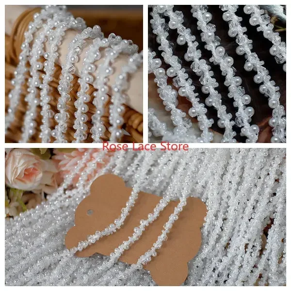 Bridal Sash Ribbon - 3ヤードパールレーストリム、パールリボン、パールビーズレーストリム、ビーズリボントリム、ブライダルサッシュレース、ネックラインレース 幅0.19インチ