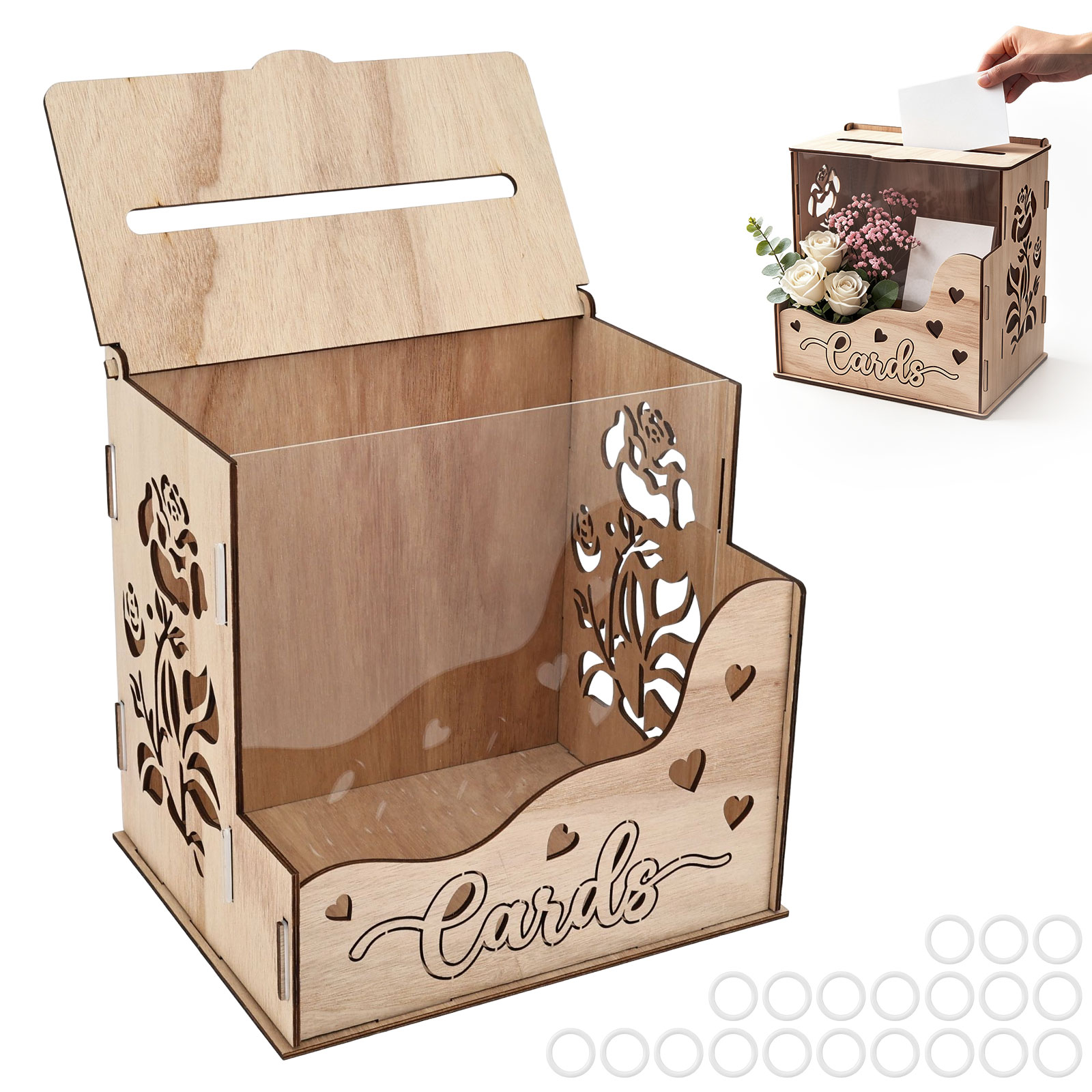 木製パーティーカードボックス アクリル窓とフラワートラフ付き - Wedding Card Box のレビューと価格