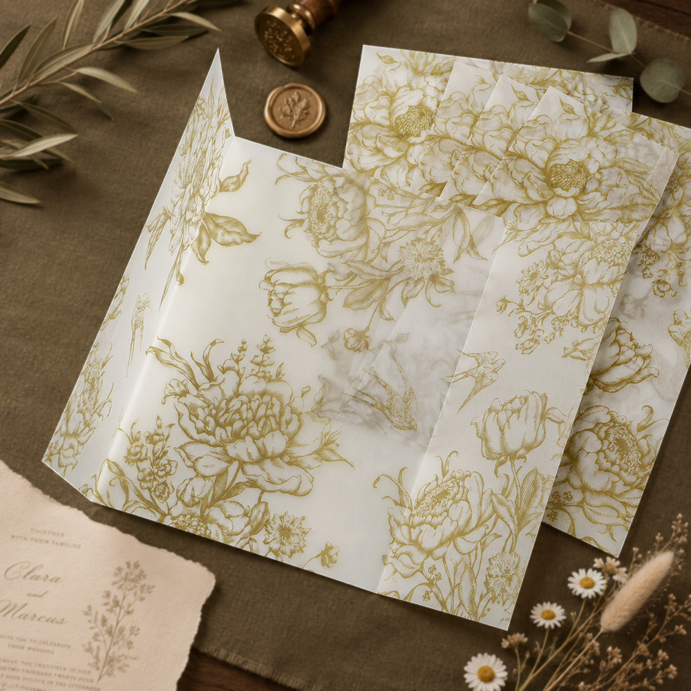20/50個入り モノクロの花柄ベラムラップ、ヴィンテージ花 - Wedding Envelopes のレビューと価格