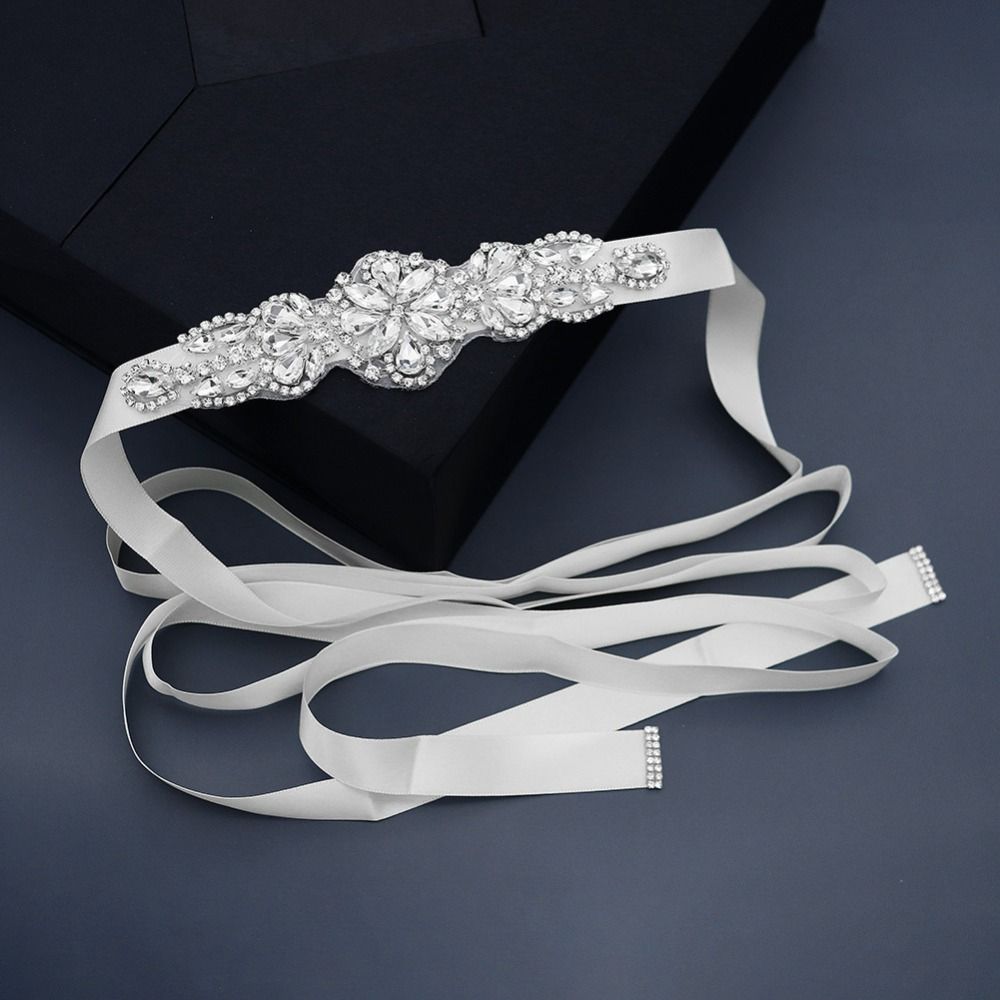 スイートシルバーウェディングラインストーンベルトサテンドレス - Bridal Sash Ribbon のレビューと価格